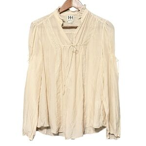 HAUTE HIPPIE 100% Silk Long Sleeve Boho Peasant Blouse With Lace Details